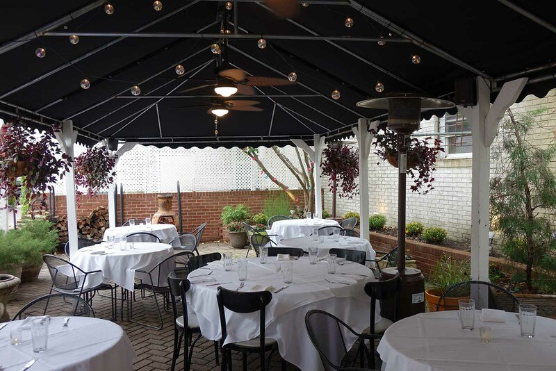 Outdoor dining area with many set tables